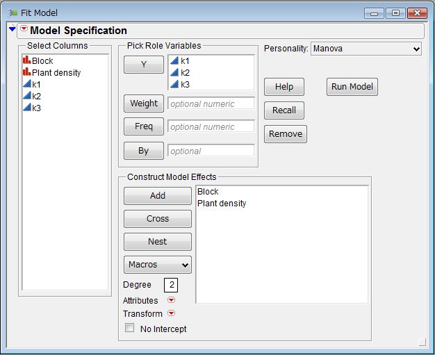 Model fitting dialog in JMP software