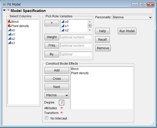 Model fitting dialog in JMP software